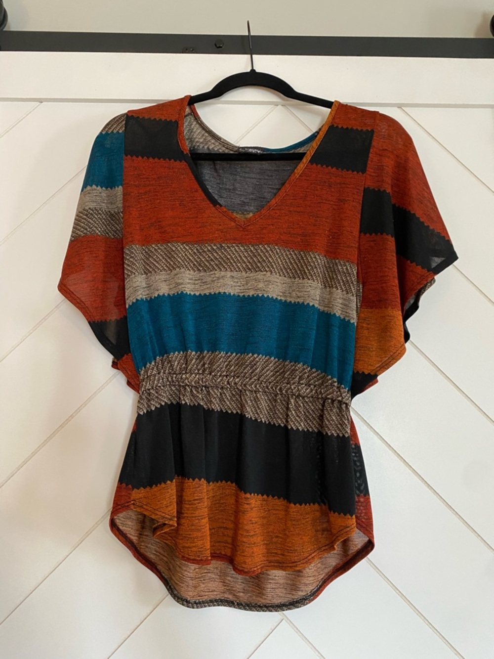 Daytrip Striped V-Neck Peplum Top - Teal & Rust